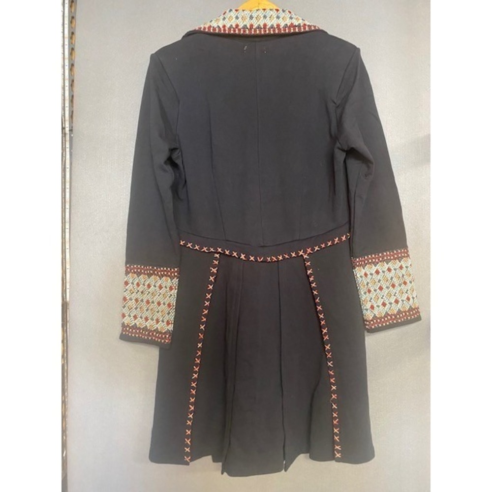 Kyla Seo Black Cotton Embroidered Duster Coat Floral Cross Stitch Jacket Large - Picture 2 of 10